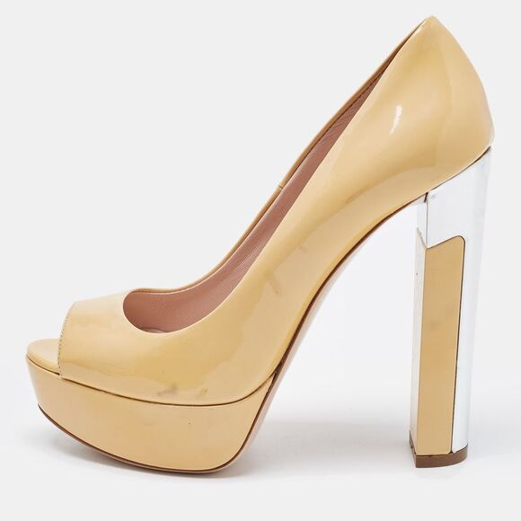 Miu Miu Beige Patent Leather Peep Toe Platform Pumps Size 36